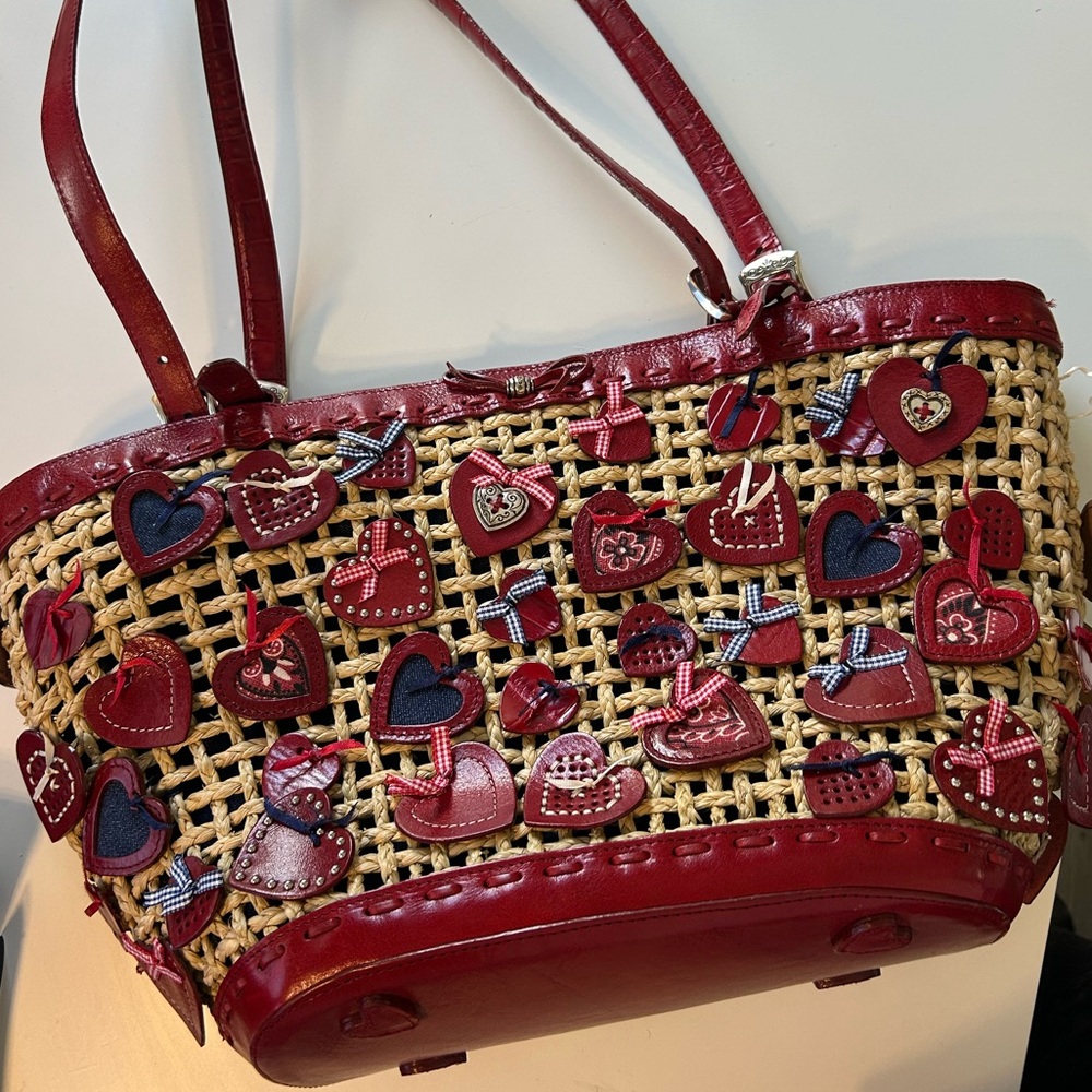 BRIGHTON - Retired Straw, Red Leather, and Denim Heart Shoulder Bag